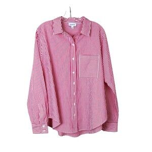 EVEREVE Women's Button Up Shirt Size L Pink White Striped Office Business